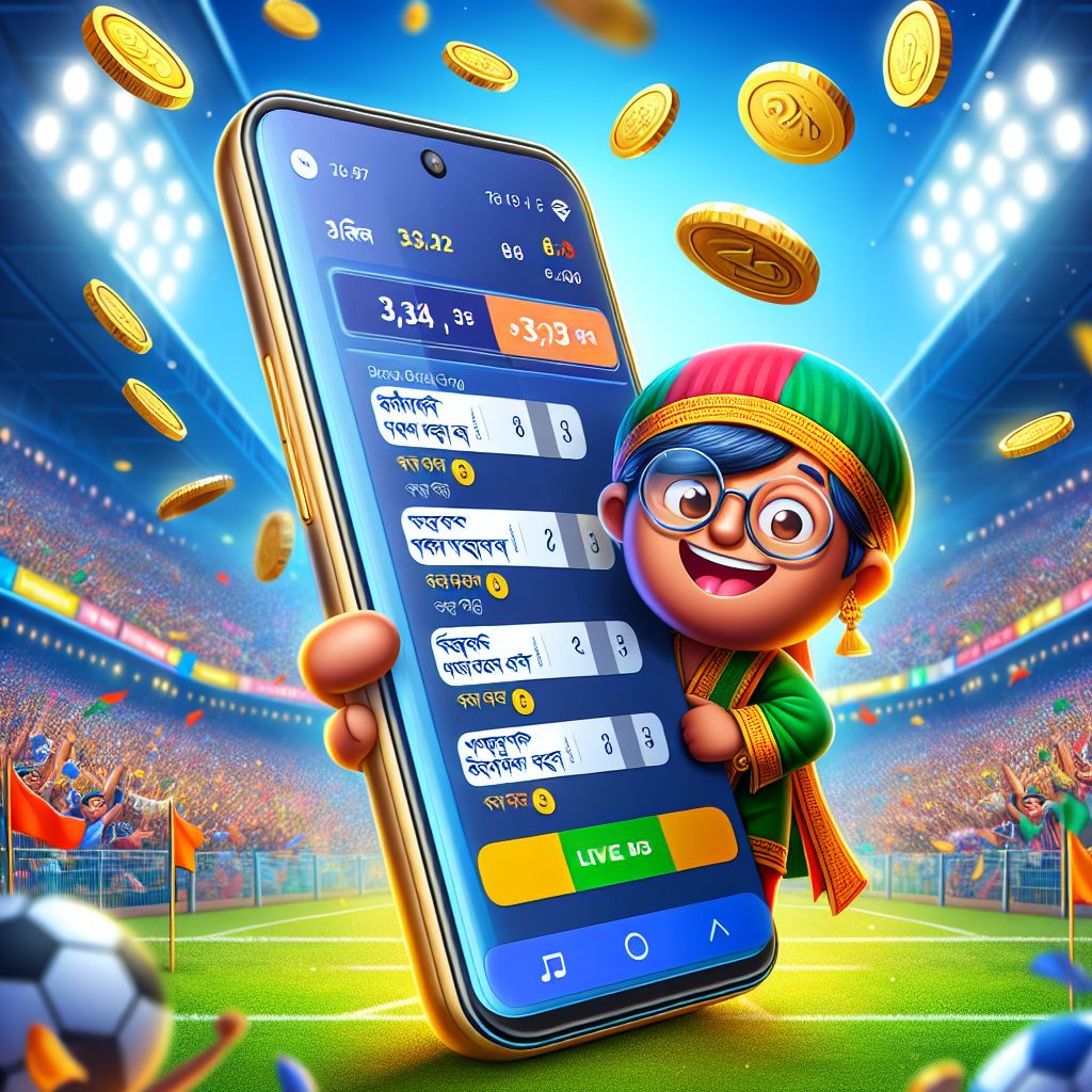 Cartoon Bangladeshi bettor holding a phone with live odds, coins, and a stadium backdrop
