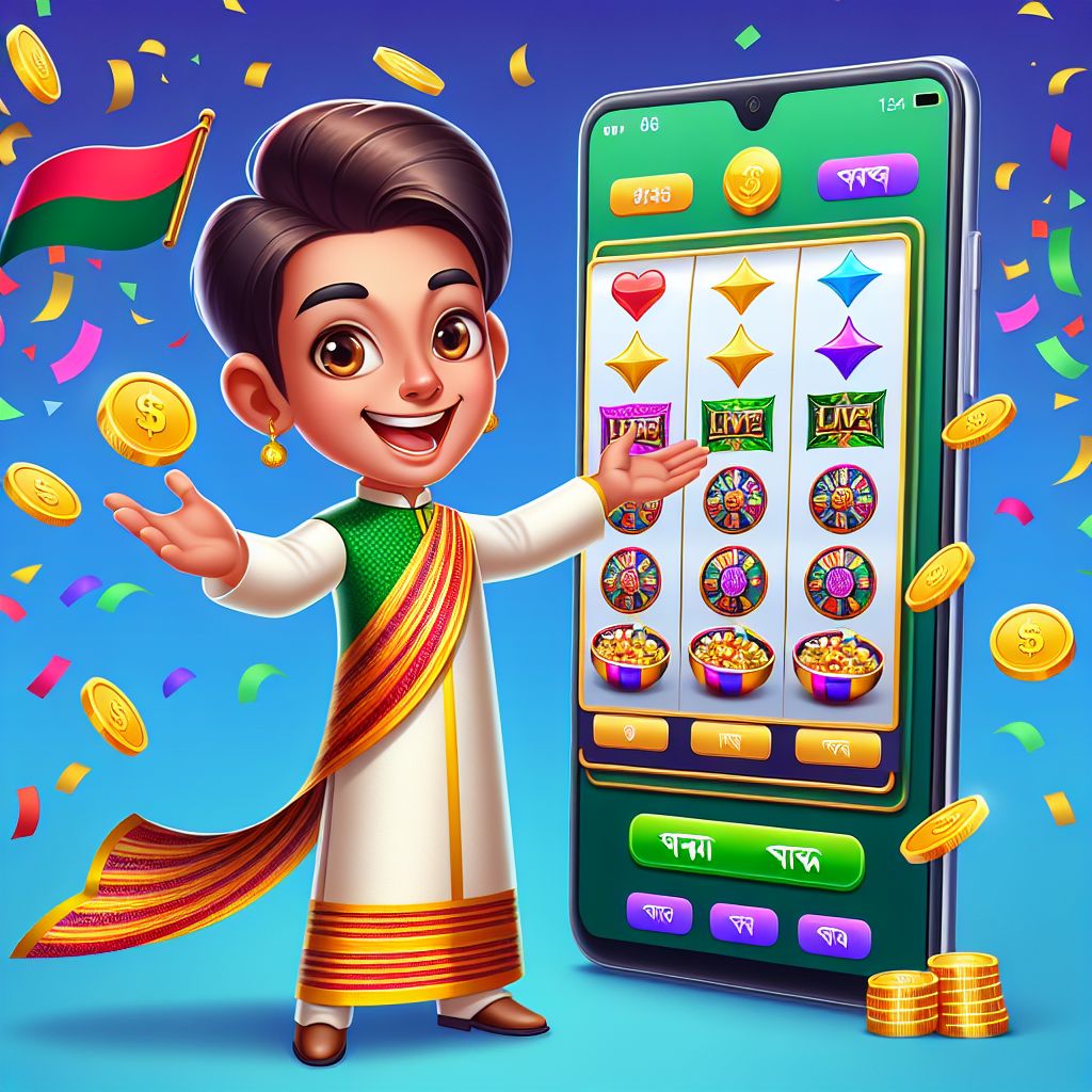 Cartoon casino host presenting slots and live tables with Bangladesh-themed colors