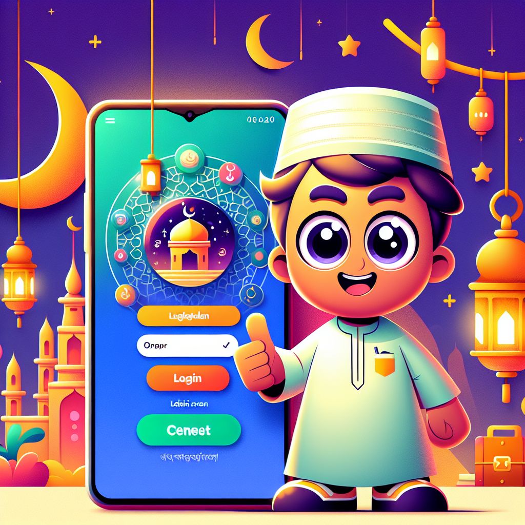 Cartoon character holding a phone showing a Ramadan login screen with crescent moon and Bangladesh-themed colors