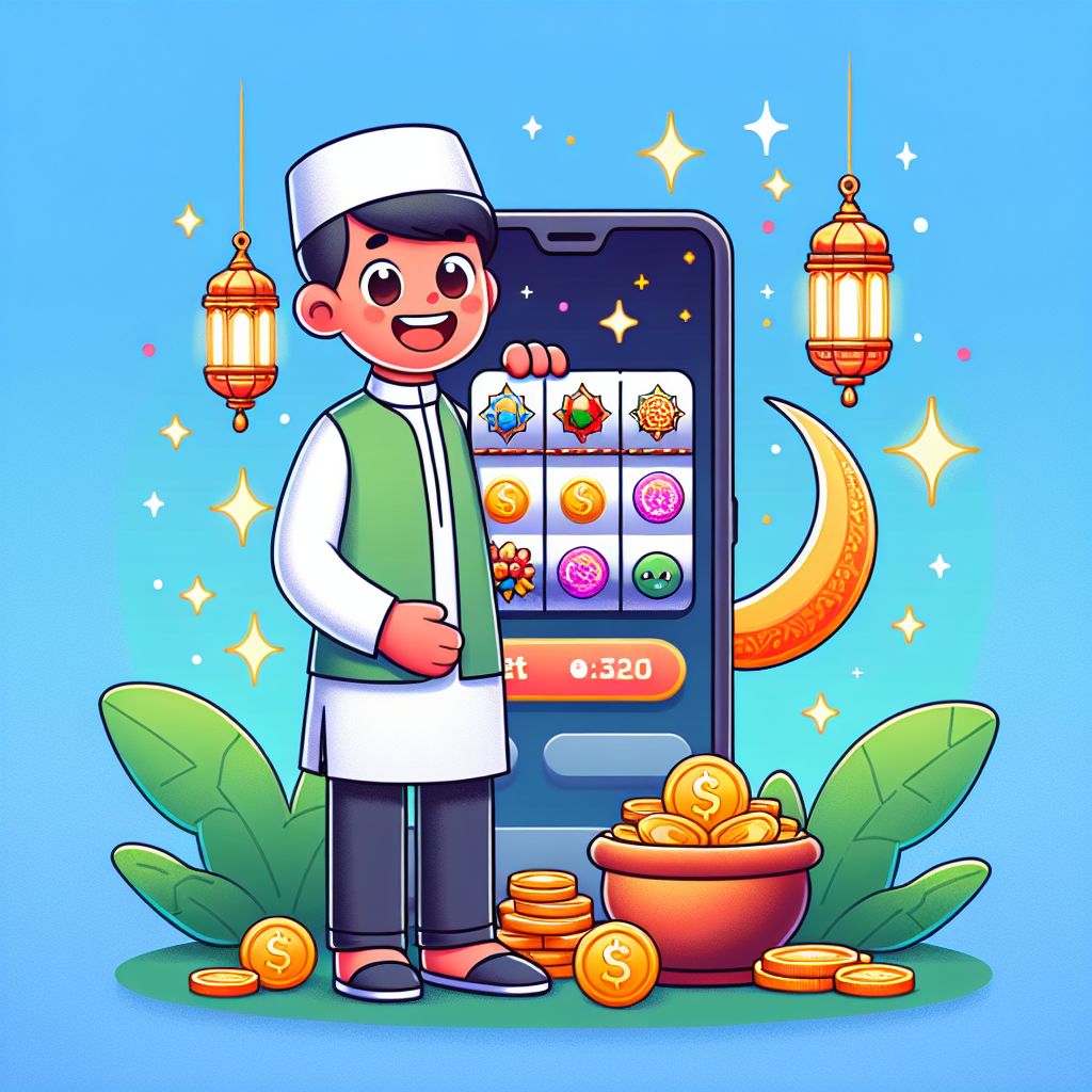 Cartoon-style character spinning slot reels with Ramadan-themed lanterns and coins