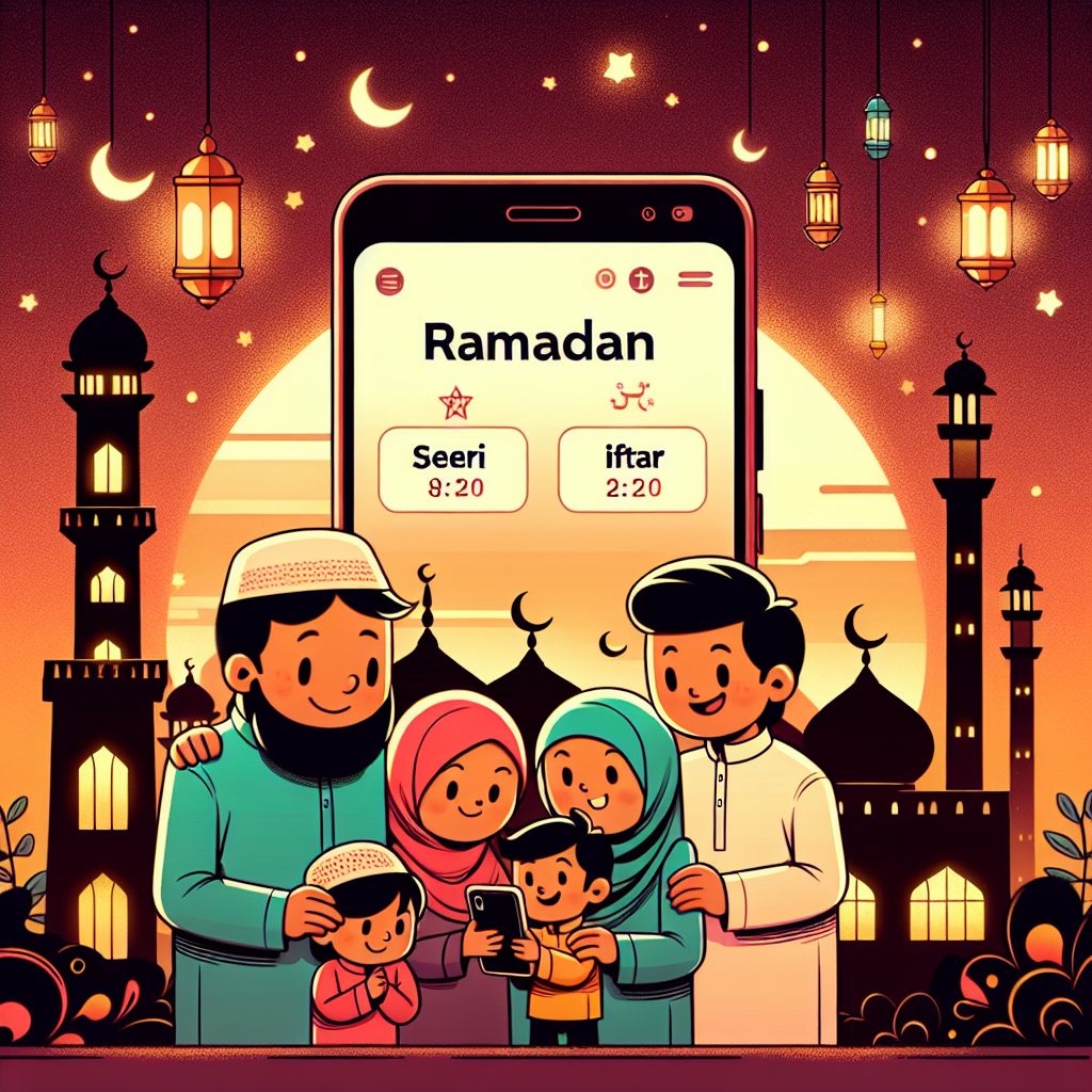 Cartoon family in Bangladesh checking Ramadan times on a phone with mosque silhouette